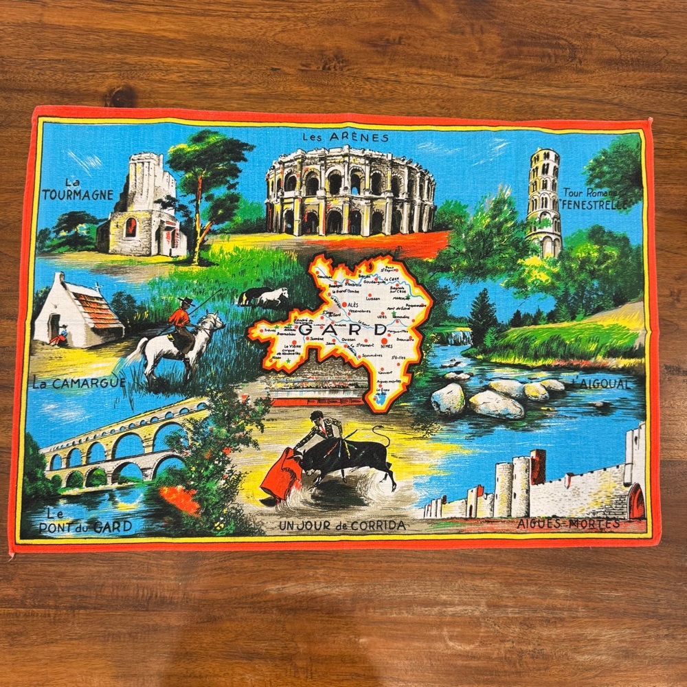 Vintage France Provence French Cities Tea Towel Tour Map Les Arenes Gard